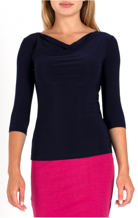 Stylish top with draped neckline in dark blue color