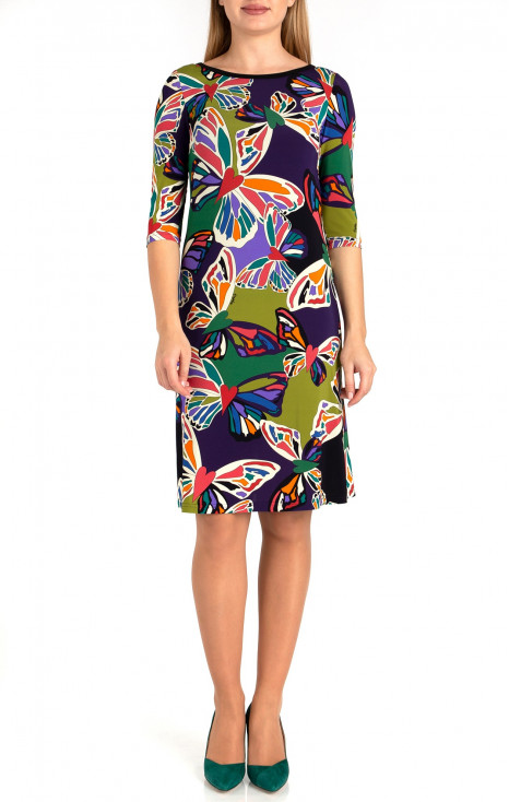 Rochie elegantă din jerseu cu măneca ¾ cu fluturi colorate amplasate asimetric 